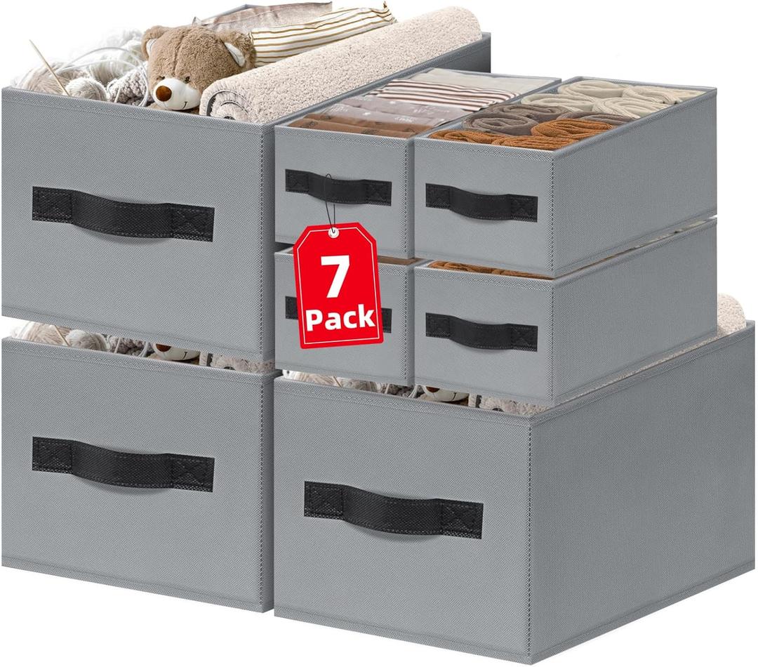7 Pack Closet Organizers Bins, 2 Sizes Closet Shelf Organizer with Handles - Fabric Home Organization and Storage Baskets for Organizing Clothes Toys Blanket Towel Purse (Grey)