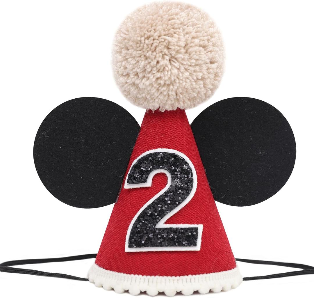 Cartoon Mouse 2nd Birthday Hat - Red & Black Party Hat for Girls Boys, Birthday Photo Props, Cake Smash, Baby Shower, Toddler Party Decorations (24 Months)