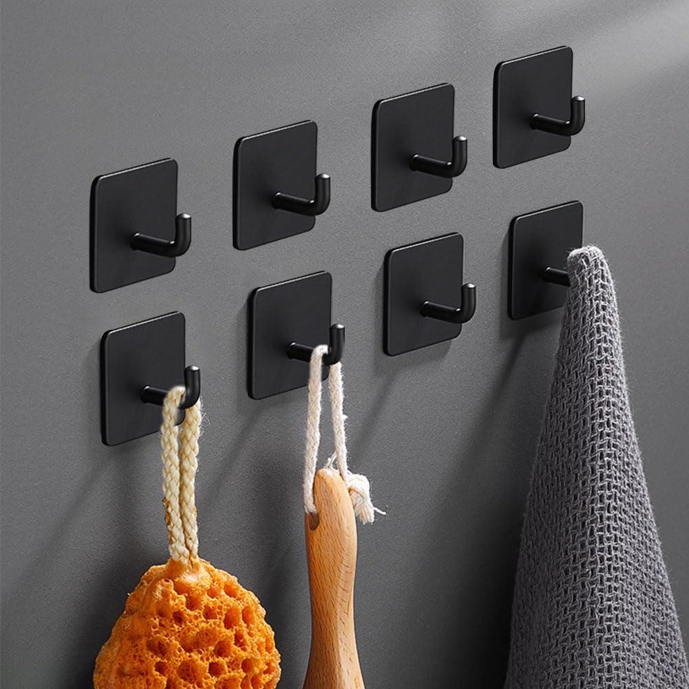 Adhesive Hooks for Hanging, Self-Adhesive Wall Hook for Key Hat Coat, No Drill Stick on Bathroom Towel Hooks, Shower Kitchen Door Home Outdoor 10 Pack, Black