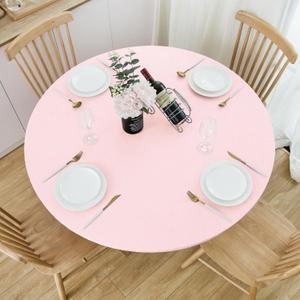 NLMUVW Round Fitted Vinyl Tablecloth with Elastic Edge 100% Waterproof Oil Proof PVC Table Cloth Wipe Clean Table Cover for Indoor and Outdoor, Light Pink, 40"- 44"