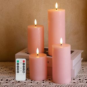 Pink Flameless Candles, Real Wax Pillar Battery Operated Candles, Flat Top Flickering LED Pillar Candles with Remote, 4 Pack Fake Candles for Home Party Wedding Romantic Night Decor