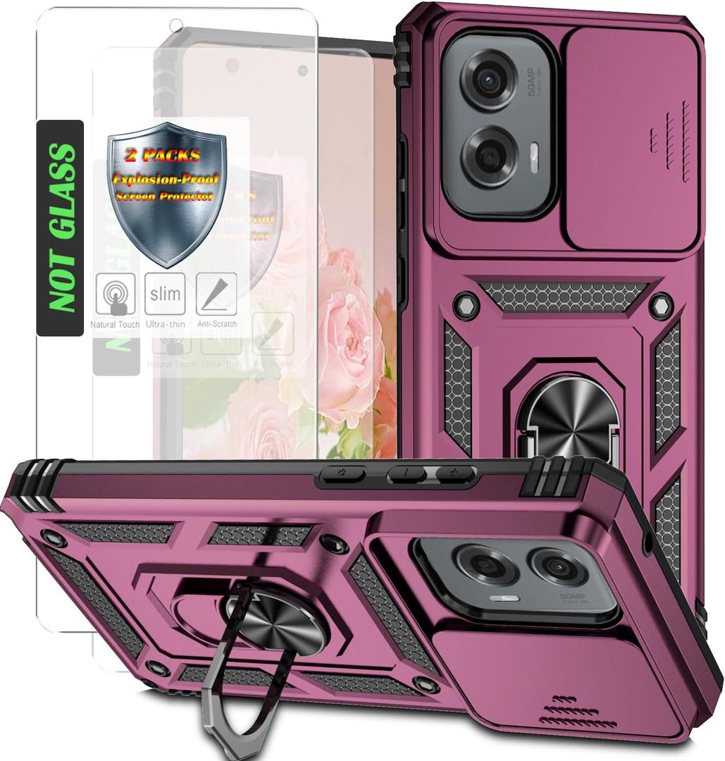 AYMECL for G Stylus 2024 Case,Moto G Stylus 5G 2024 Case with 2 Pcs Explosion-Proof Film,Slide Camera Cover Protective Case with Magnetic Ring Kickstand for Motorola G Stylus 2024 6.5 inch-Wine Red