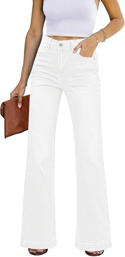 GRAPENT Womens Flare Jeans High Waisted Wide Leg Baggy Jean for Women Stretch Denim Pants (Large, White)
