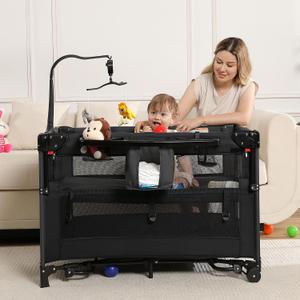 4 in 1 Pack and Play, Portable Travel Baby Bassinet, Foldable Travel Playard Playpen for Toddler, Bedside Crib Sleeper, Diaper Changer Table, Baby Playard for Newborn (Black)