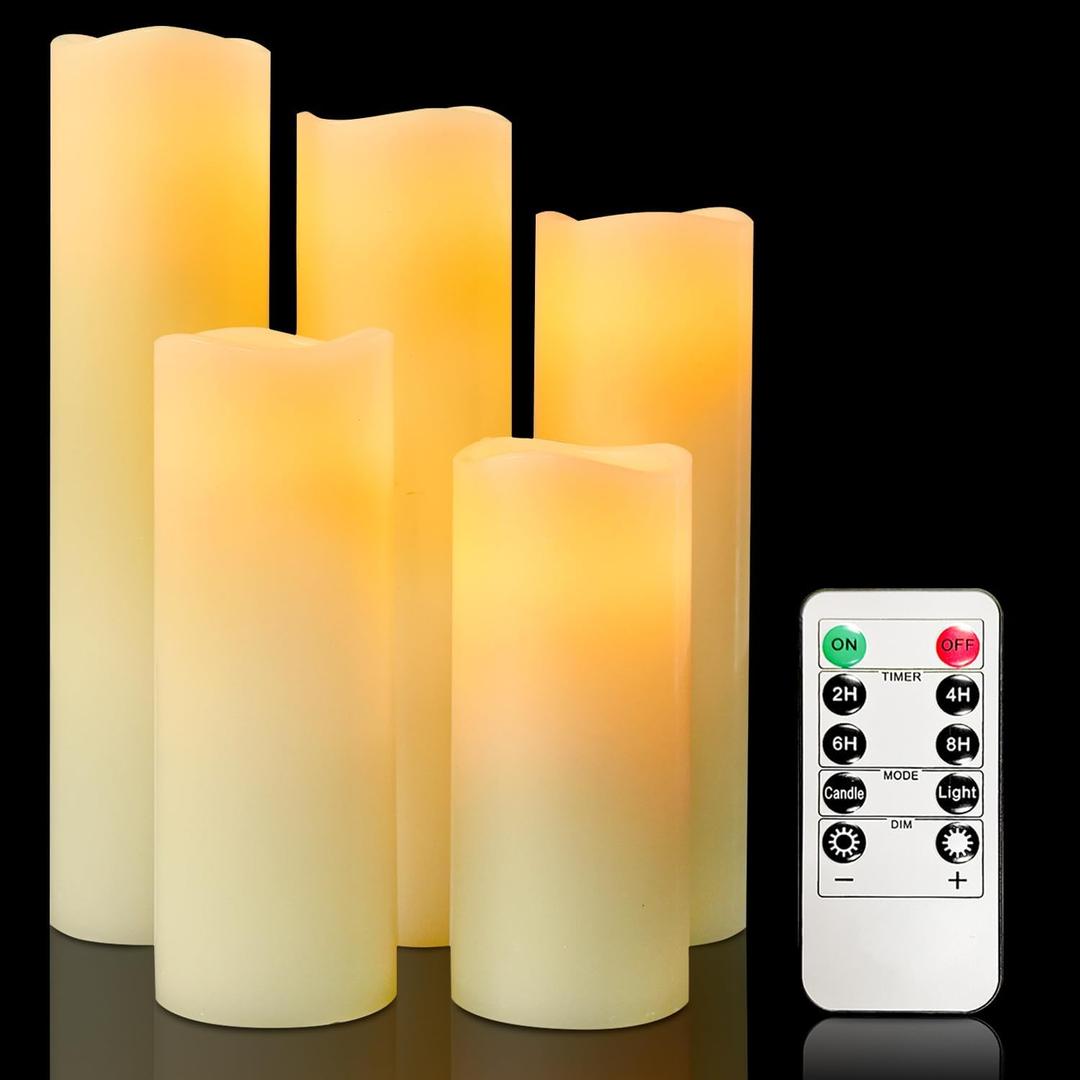 Flameless Wax Pillar Candle: Pack of 5 Battery Operated LED Candles H5 6" 7" 8" 9" D2.2 Electric Fake Flickering Candles with Timer Remote for Home Christmas Halloween Deco Gift (Modern Style)