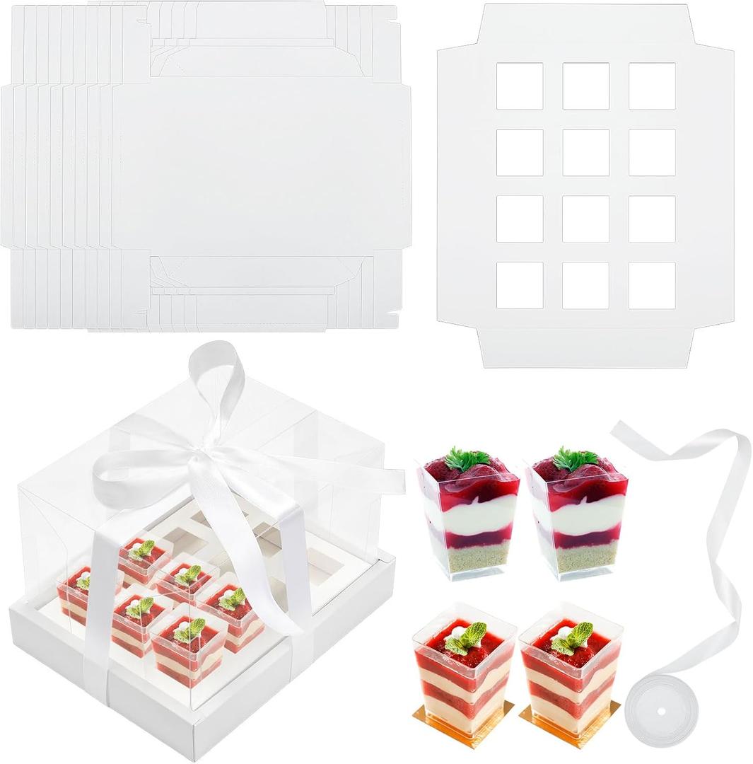 10 Pack Dessert Shooter Box for 12, 3 oz Square Dessert Shooter Cups Cupcake Transport Container Boxes with Window Ribbon for Birthday Holiday Party Baby Shower Wedding Bakery Supplies