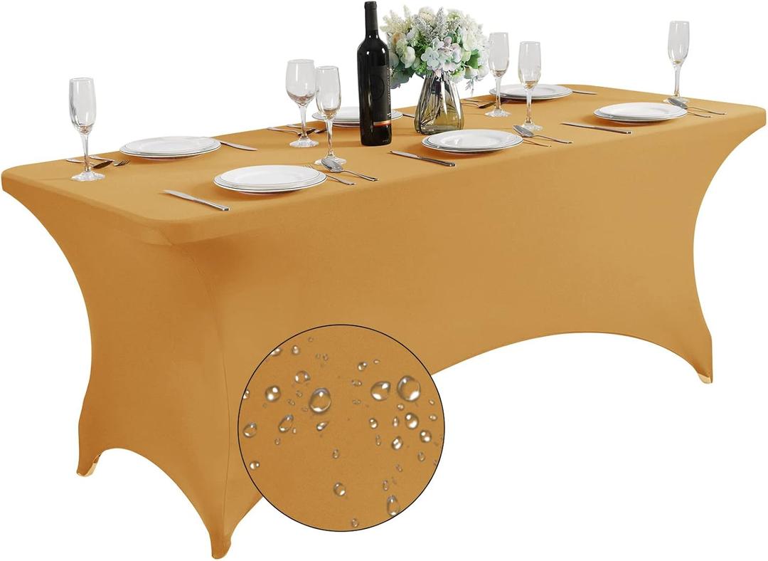 SuperO Waterproof Spandex Table Cover for 6FT Table Universal Fitted Stretch Tablecloth for Party, Banquet, Wedding and Events-Gold (72" x 30" (Rectangular))