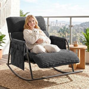 Oversized Outdoor Rocking Chair with Corduroy, Adjustable Backrest | Built-In Footrest, Heavy-Duty Metal Frame Supports 450 lbs, 3-Level Recline, Easy Assembly for Patio and Indoor