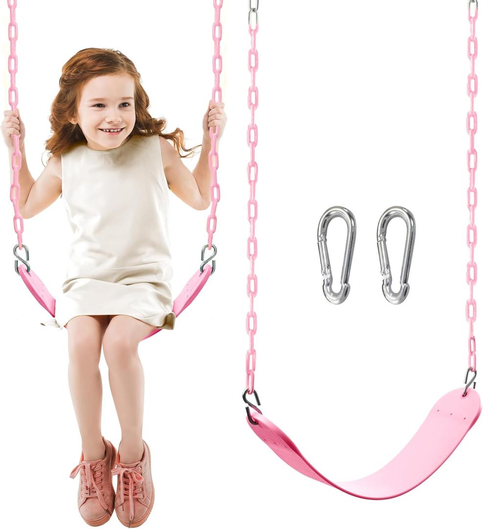 TURFEE Heavy Duty Swing Seat Pink Color with 66 Chain, Swing Set Accessories Replacement with Snap Hooks for Kids Outdoor Play Playground