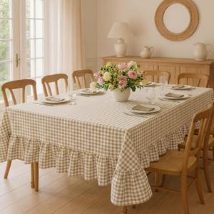 Mindsoft Light Brown Gingham Ruffled Tablecloth 70 x 52 Inches Rectangle Cotton Linen Checkered Table Cloth Buffalo Plaid Farmhouse Vintage Decorative Tablecover for Picnic Kitchen Dining Home Party