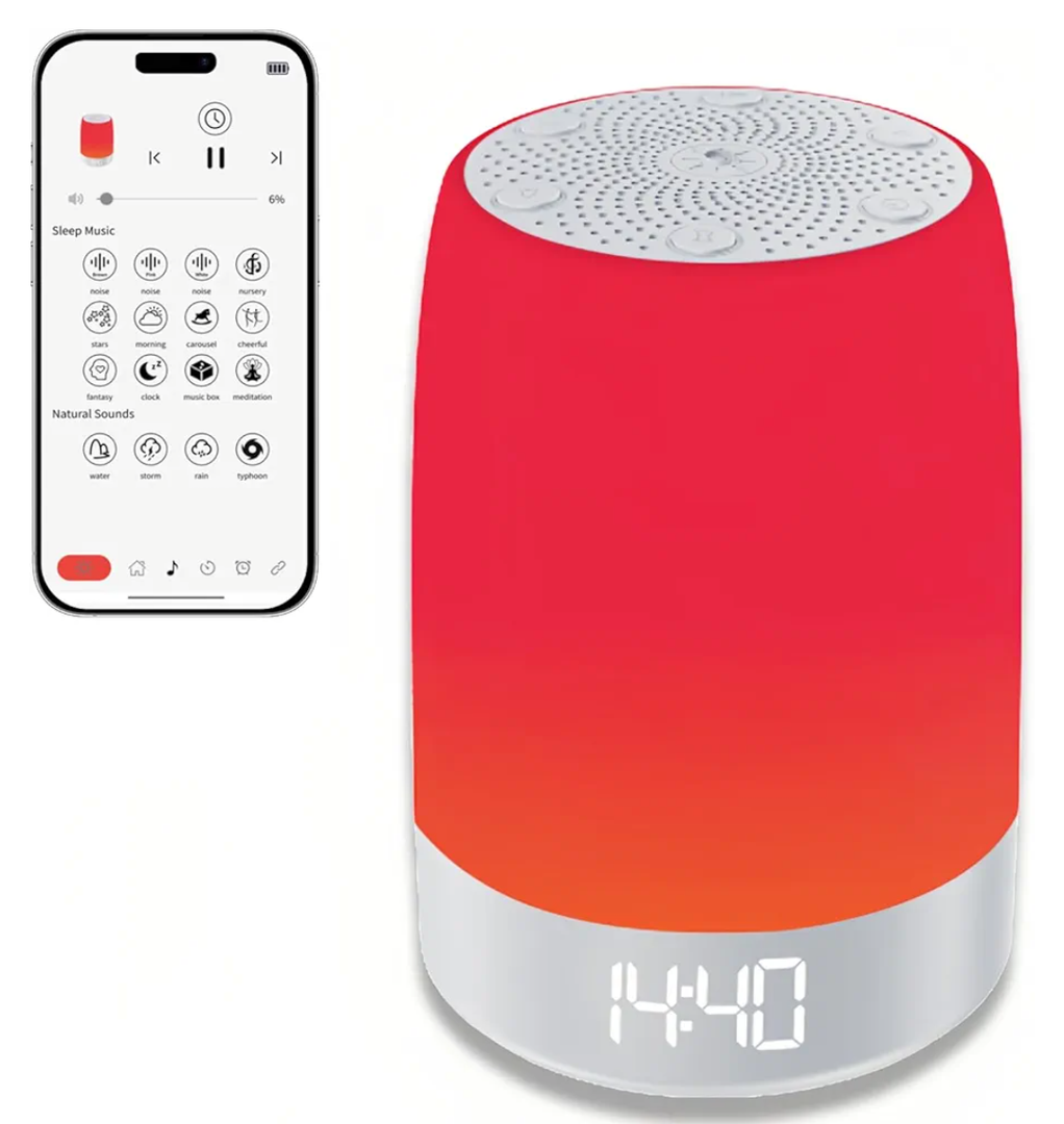 Red Light Sleep Sound Machine – Night Light for Bedroom with 5-Level Red Light Therapy (620–690nm), 32 White Noise & Nature Sounds, Smart App Control, Timer & Wake-Up Alarm Clock