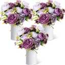 Solsew 3 Sets Artificial Peonies Flower Peony Bouquet with Galvanized Metal Pot Silk Fake Peonies Faux Flower Arrangements for Wedding Table Centerpiece Party Home Room (Purple)