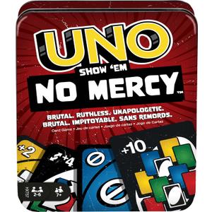 Mattel Games UNO Show em No Mercy Card Game in Storage & Travel Tin for Kids, Adults & Family Night with Extra Cards, Special Rules & Tougher Penalties 