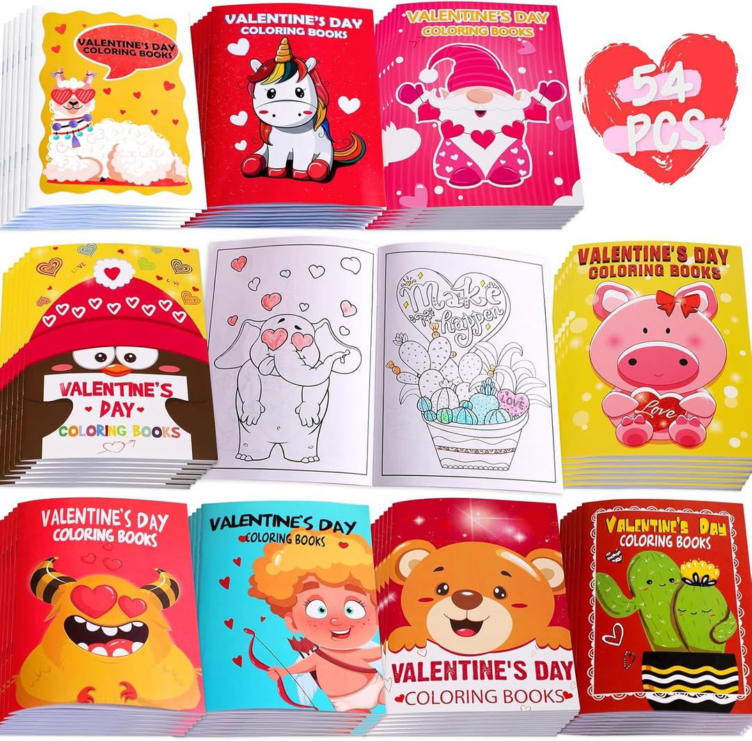 54PCS Valentines Coloring Book for Kids-Valentine's Day Goodie Bag Stuffer Filler Gift School Classroom Activity Party Favors Supplies
