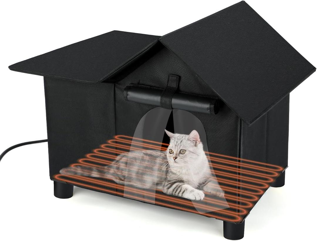 Large Heated Cat House for Outside, Elevated Outdoor Heated Cat House Weatherproof, Warm Feral Cats Shelter with Thermostatic Heating Pad, Easy Assemble Cats Shelters for Kittys (Black)