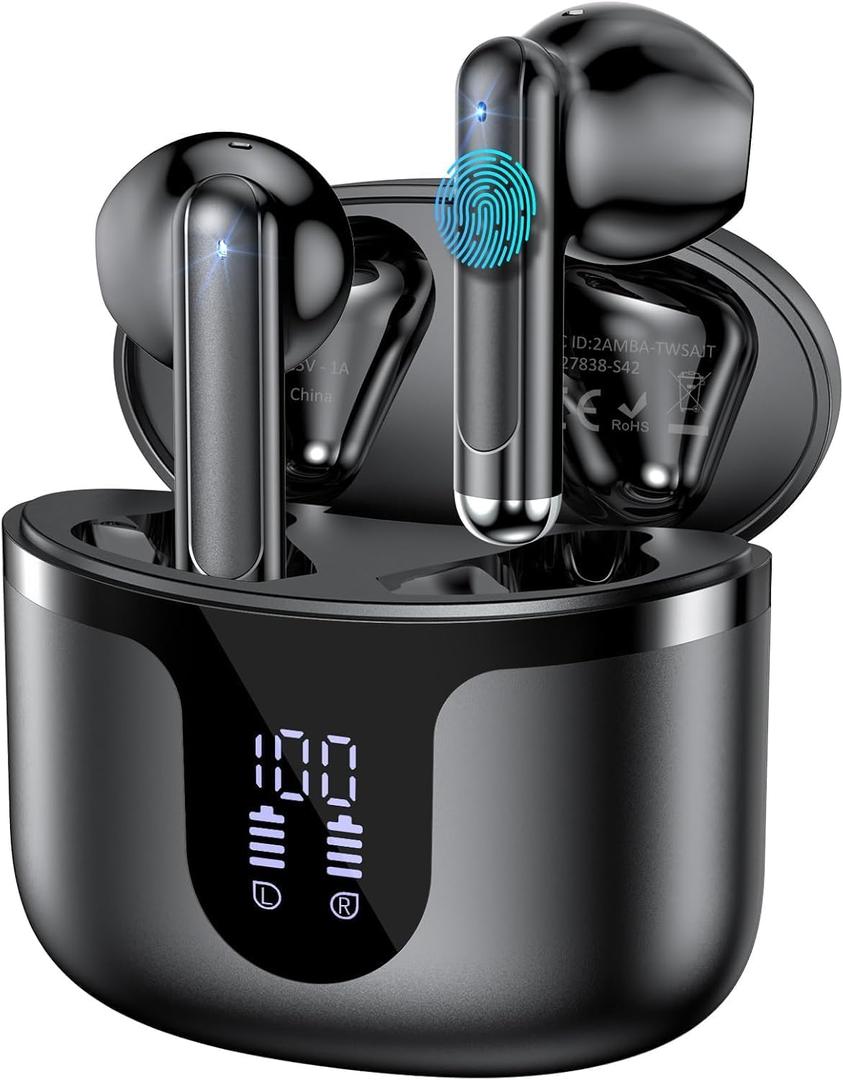Wireless Earbuds, Bluetooth 5.3 Headphones Deep Bass Stereo Sound with ENC Noise Cancellation Wireless Headphones with 50H Playback and LED Display, IPX7 Waterproof Ear Buds Black