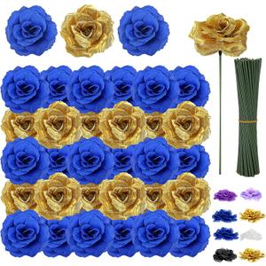 108pcs Roses Head Flowers with Stem - Blue & Gold Artificial Flowers Rose Bulk - Silk Royal Blue Gold Rose Fake Flower for Wedding Bouquet Home Baby Shower DIY Centerpieces Tables Grad Party Decor