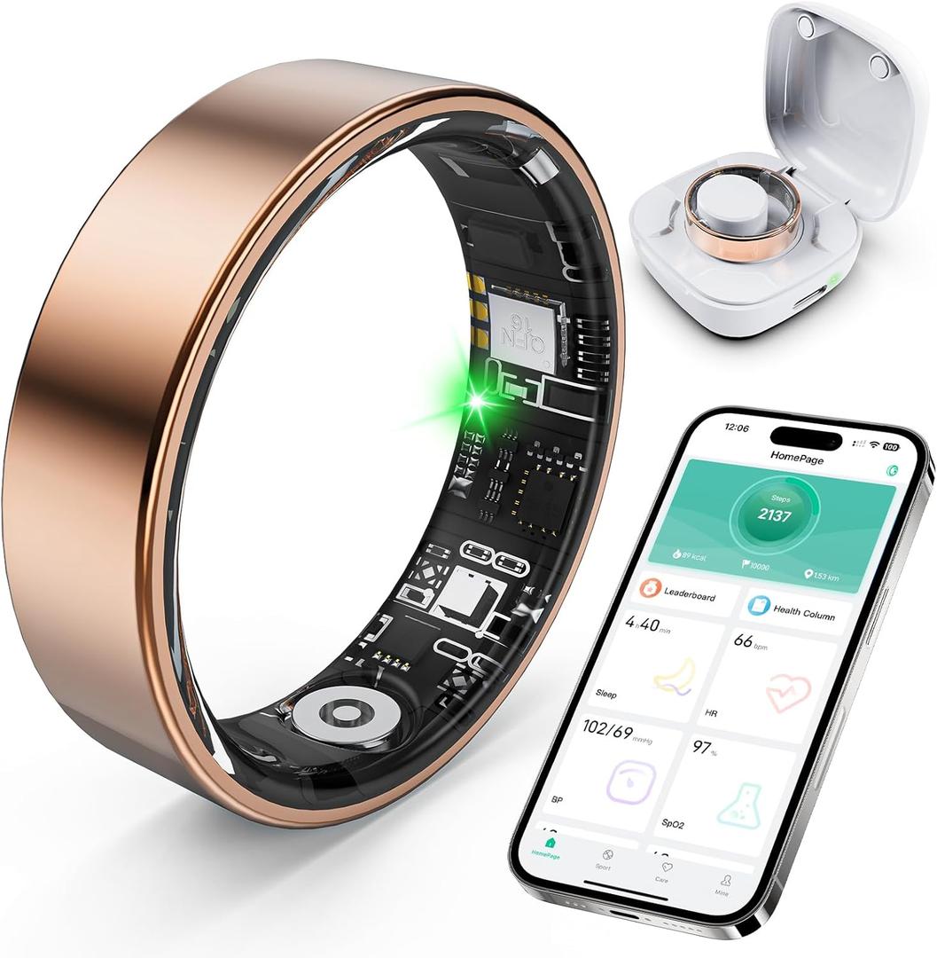 Smart Ring with Sleep Monitoring, Step Counting, Heart Rate, Blood Oxygen, Blood Pressure for iPhone and Android, No Subscription Fee, IP68 Waterproof Health Tracker (Rose Gold, 10)