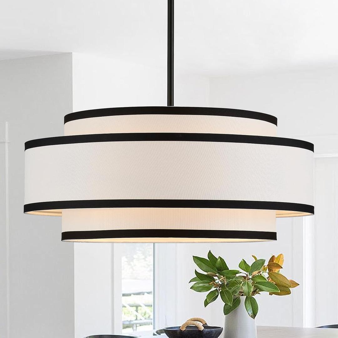 19.7" Black Drum Chandelier with White Linen Lampshade 4-Light Modern Farmhouse Chandelier Light Fixture for Dining Room, Kitchen Island, Foyer Entryway Bedroom