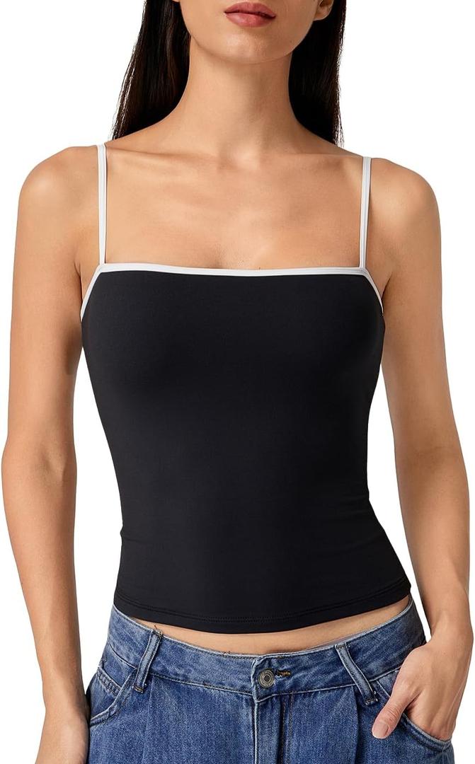 QINSEN Women's Double Lined Basic Tank Top Adjustable Spaghetti Straps Sleeveless Camisole Shirts  (X-Large, Black)