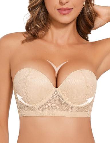 Amafuur Strapless Push Up Bra for Women Padded Underwire Support Convertible Lace Longline Bombshell Bras, 34D