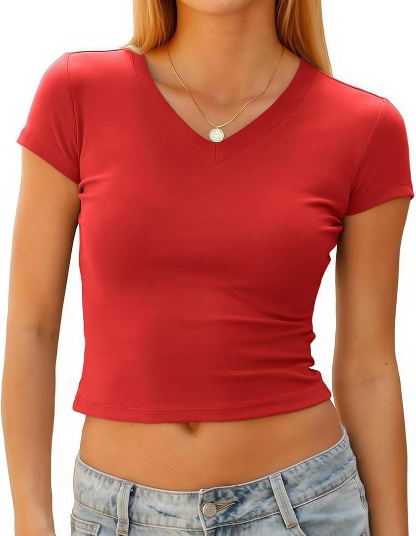 Women's Basic V Neck Short Sleeve T Shirts Summer Cute Baby Tee Slim Fit Cotton Tops (Red, S)