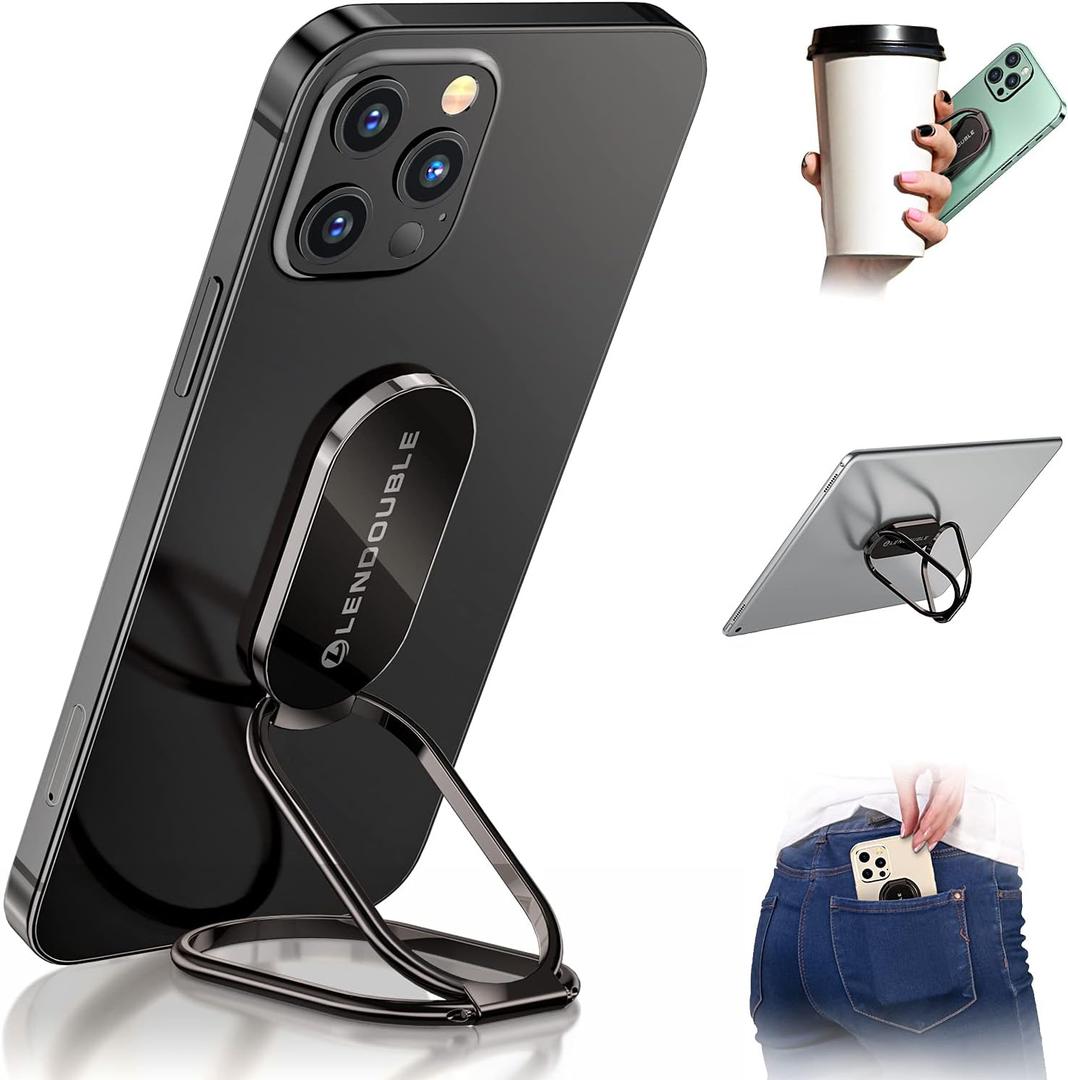 Phone Ring Holder Finger Kickstand, 360 Rotation Foldable Ultra-Thin Metal Cell Phone Back Hand Grip for Magnetic Car Mount & Office Desktop, Adjustable Cellphone Stand for iPhone 16 iPad Smartphones (Adhesive- Black)