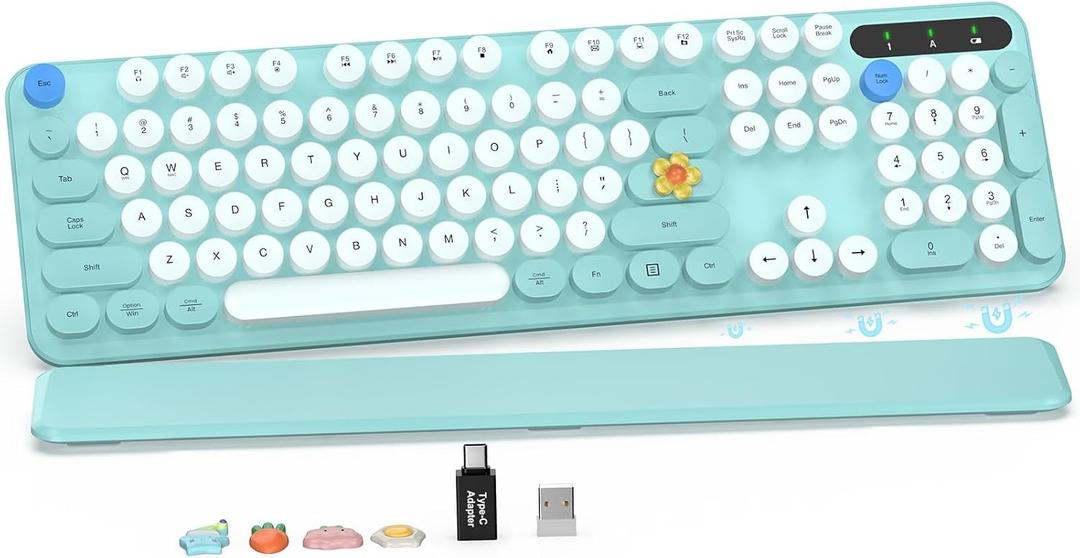 Wireless Keyboard, Round Keycaps, Retro Typewriter Keyboard with Detachable Wrist Rest, Sleep Mode, Foldable Legs, 2.4GHz Full-size Cordless Computer Keyboard for Windows/ PC/ Laptop (Robin Egg Blue)
