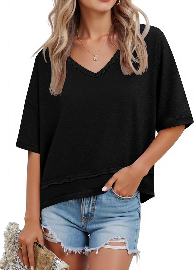 Womens Short Sleeve Shirts Summer V Neck Casual Top Flowy Cute Loose Fit Basic Tees (Black, XL)
