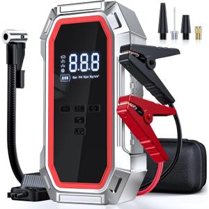 Jump Starter with Air Compressor, 5000A 150PSI Car Battery Jump Starter (9.0 Gas/8.0L Diesel), 12V Jump Box Car Battery Jumper Starter Portable with Jumper Cables, LCD Display, Lights (Red)