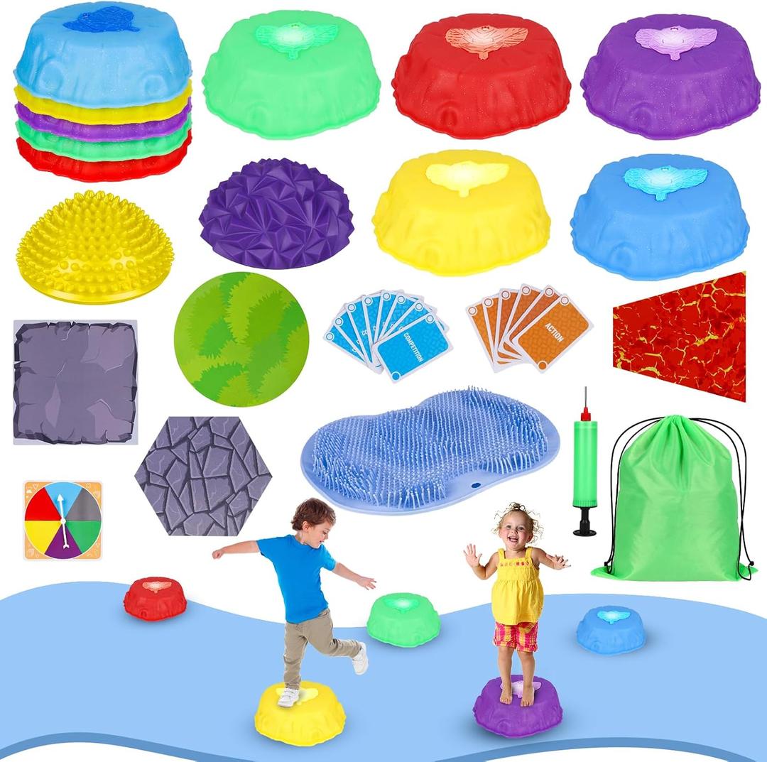 Stepping Stones for Kids, Light Up Toddler Stepping Stones with Non-Slip Stepping Blocks, Balance Pods, Flat Textured Mat, Obstacle Course Sensory Toys Indoor Outdoor Play for Kids Ages 3+