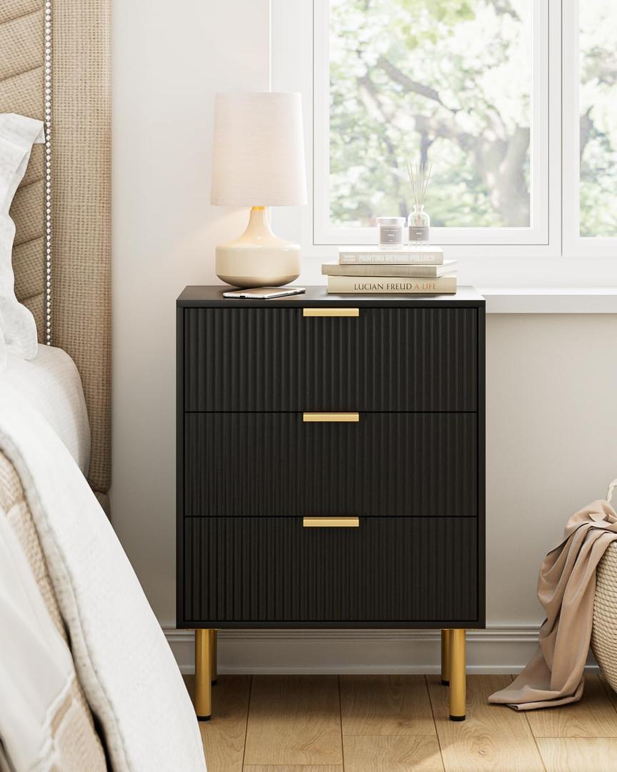 Nightstand with 3 Drawers,Fluted Bedside Table with Gold Frame,25.7" H Black Night Stand,Mid Century Modern Side Accent Table for Bedroom,Living Room