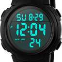 PASOY Mens Women Digital Watch Big Dial Light LED Swim Waterproof Rubber Band Alarm Black LED Watches 50MM