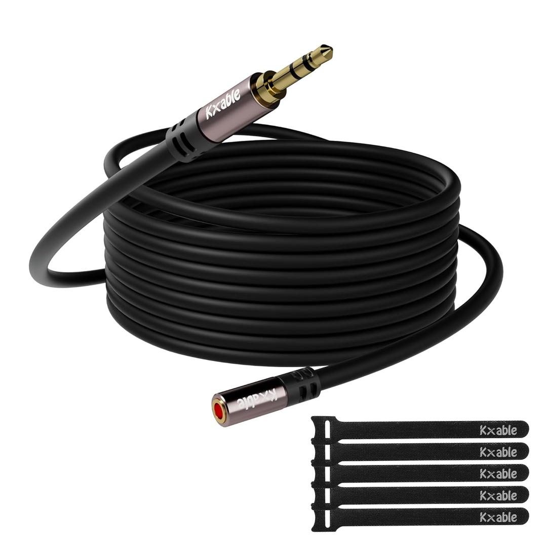 3.5mm Extension Cable 50 Feet, Long Male to Female Auxiliary Audio Stereo Cable, Headphone Extension Cord, Hi-Fi Sound, Gold Plated Connectors, OFC Core, Black, (with 5 pcs Cable Ties) - 50ft