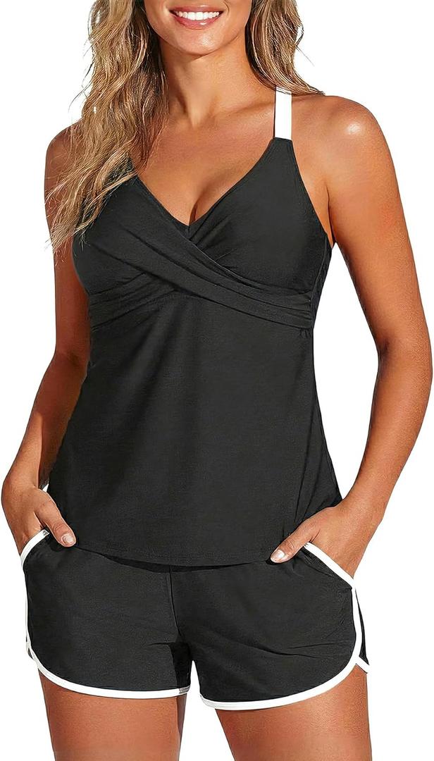 Aqua Eve Womens Tankini with Shorts - Two Piece Tummy Control Swimsuit Cross Back Bathing Suit with Pockets 2025 Swimwear (X-Large, Black and White)