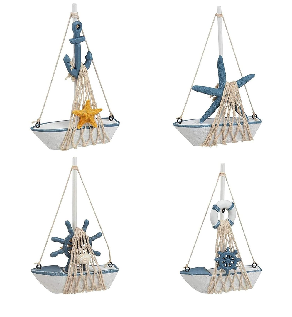 Juvale Set of 3 Mini Wooden Sailboat Models for Beach Nautical Home Decor, Miniature Boat Decorations, & Coastal Decor