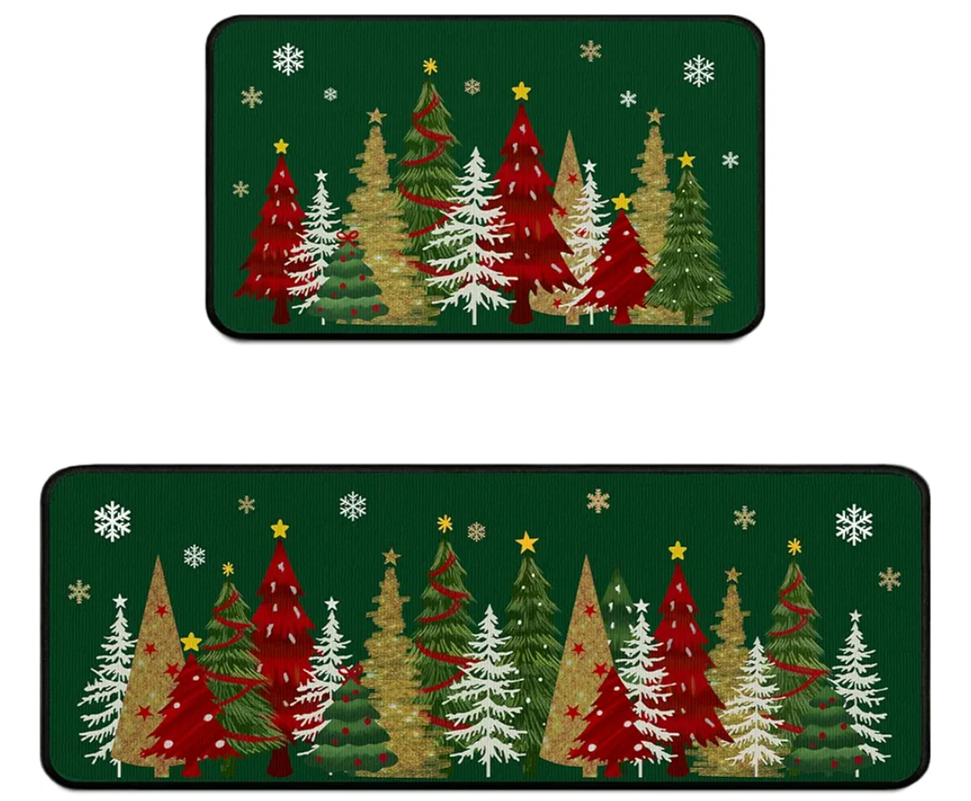 Christmas Kitchen Mats for Floor, Xmas Tree Kitchen Rugs Sets of 2, Green Christmas Non-Slip Kitchen Decor Floor Rug Home Decoration Doormat