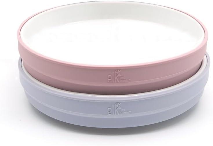 Elk and Friends Kids 7.8 Porcelain White Plates with Silicone Sleeves | Suitable for Babies/Toddlers | Microwave & Dishwasher Safe | Non Slip Dinnerware | Snack Dishes | 2 Pack (Blush/Lilac)