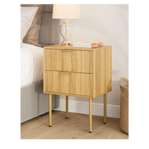 Masupu Night Stand,Mid-Century Modern Bedside Table with 2 Storage Drawer,Small Gold Frame Side End Table for Bedroom,Living Room, Natural