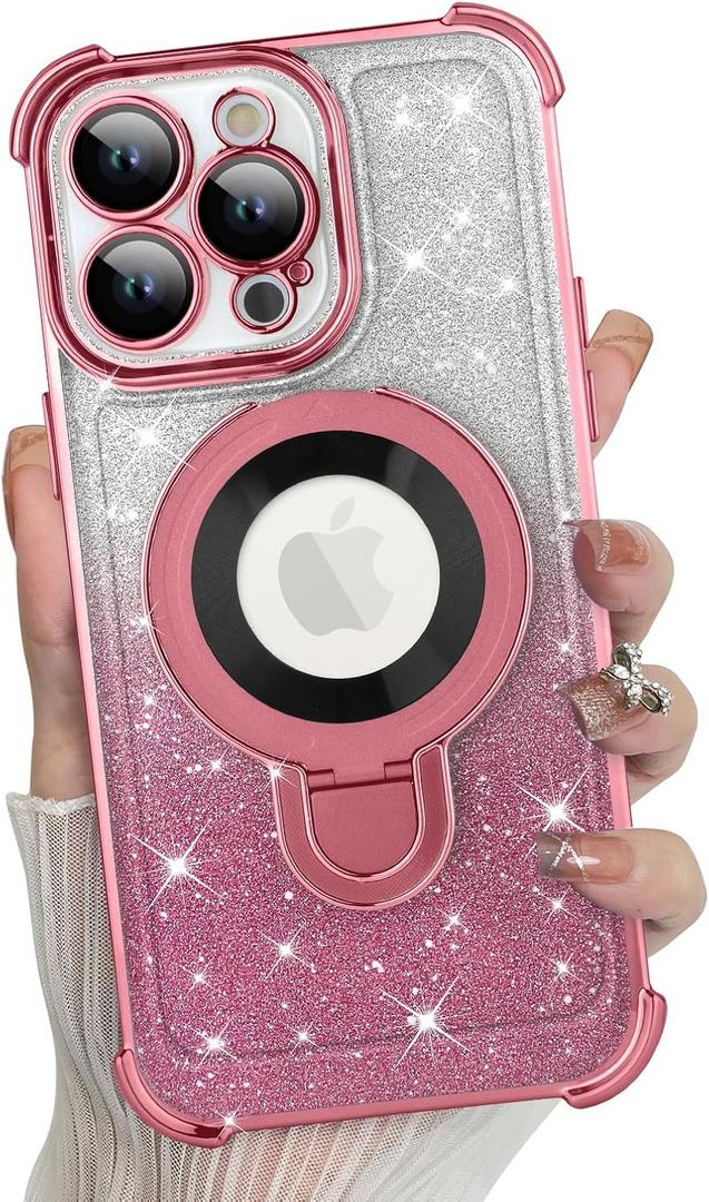 KANGHAR for iPhone 15 Pro Max Case, Support for MagSafe [Four Corner Cushion Series] Kickstand Electroplate Edge Shockproof Durable Full Body Protection for Girls Women -Pink