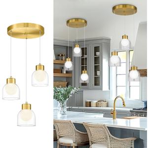 LMS 3-Light Cluster Mid Century LED Pendant Light, Brushed Gold Pendant Light Fixtures with White & Clear Double Glass, Adjustable Hanging Lamp for Dining Room Living Room Bedroom, LMS-601PL-BG3