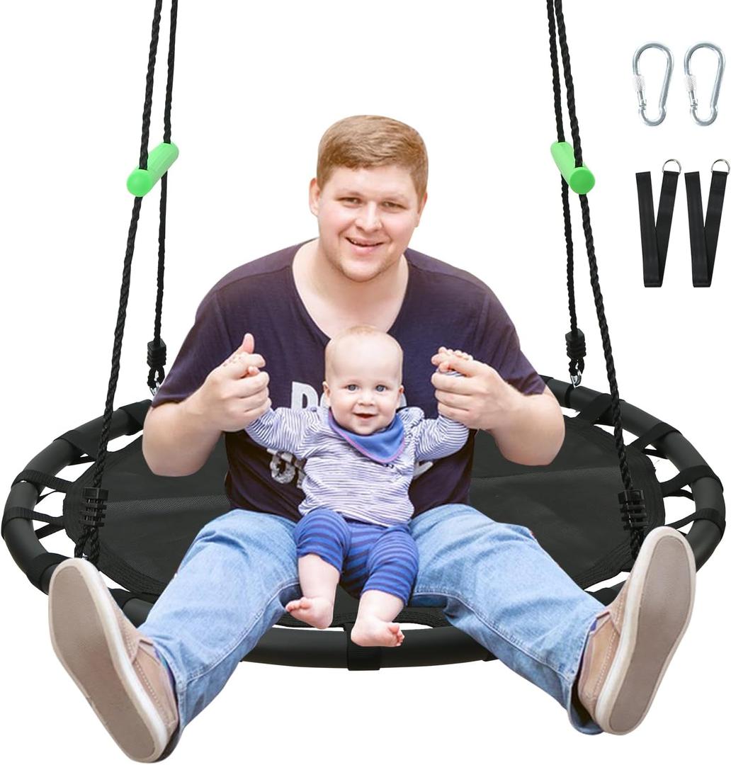Black Round Saucer Swing with Handles -Made of Sturdy Frame,PP Mat,Adjustable Multi-Strand Ropes,Safe and Durable for Yard Garden Playground Park (Black+Extra Straps, 40 inches) Black Round Saucer Swing with Handles -Made of Sturdy Frame,PP Mat,Adjustable Multi-Strand Ropes,Safe and Durable for Yard Garden Playground Park (Black+Extra Straps, 40 inches)