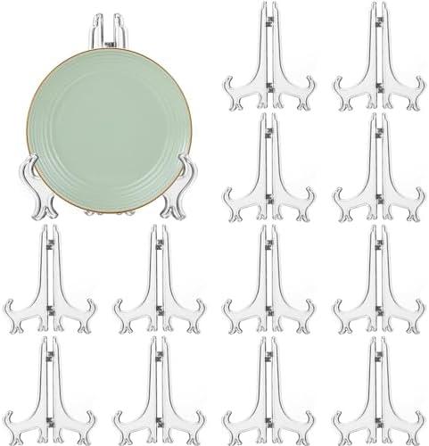 LonlyEagle 12 Pack 6 Inch Clear Plastic Easels or Stand/Plate Holders to Display Pictures or Other Items at Weddings, Plate Stands for Home Decoration, Birthdays, Tables