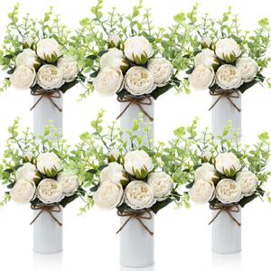 6 Sets Artificial Peonies Flowers, 6 Artificial Peony with Vase 6 Faux Eucalyptus, Faux Silk Peony Bouquet Spring Flowers for Decoration Wedding Party Home Dining (White)