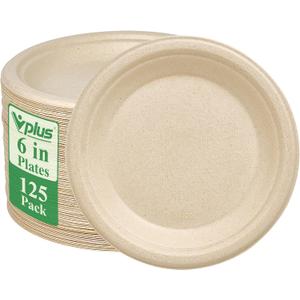 Vplus 125 Pack 6 inch Paper Plates 100% Compostable, Heavy-Duty Disposable Paper Plates Bagasse Natural Biodegradable Eco-Friendly Sugarcane(Nature)