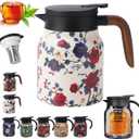 Insulated Tea Pots,Vintage Floral Pattern Tea Pot-Built-in Infuser,Colorful Vintage Floral Pattern Teas,Stainless Steel Teapot 1000mL with Lid for Hot Drinks,White (Wooden Handle,35OZ)