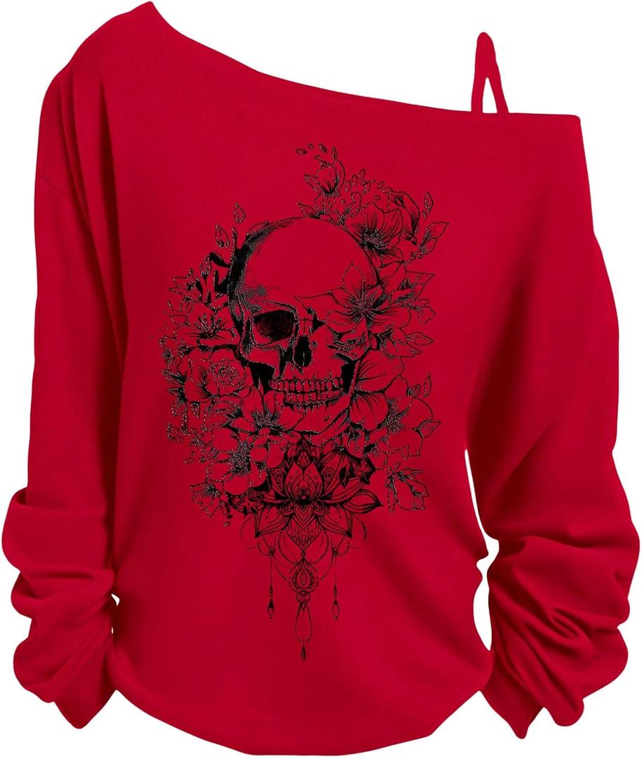 COZYEASE Women's Plus Size Skull Graphic Tee Cut Out Asymmetrical Neck Long Sleeve T Shirt Loose Y2K Tops (X-Large Plus, Red)