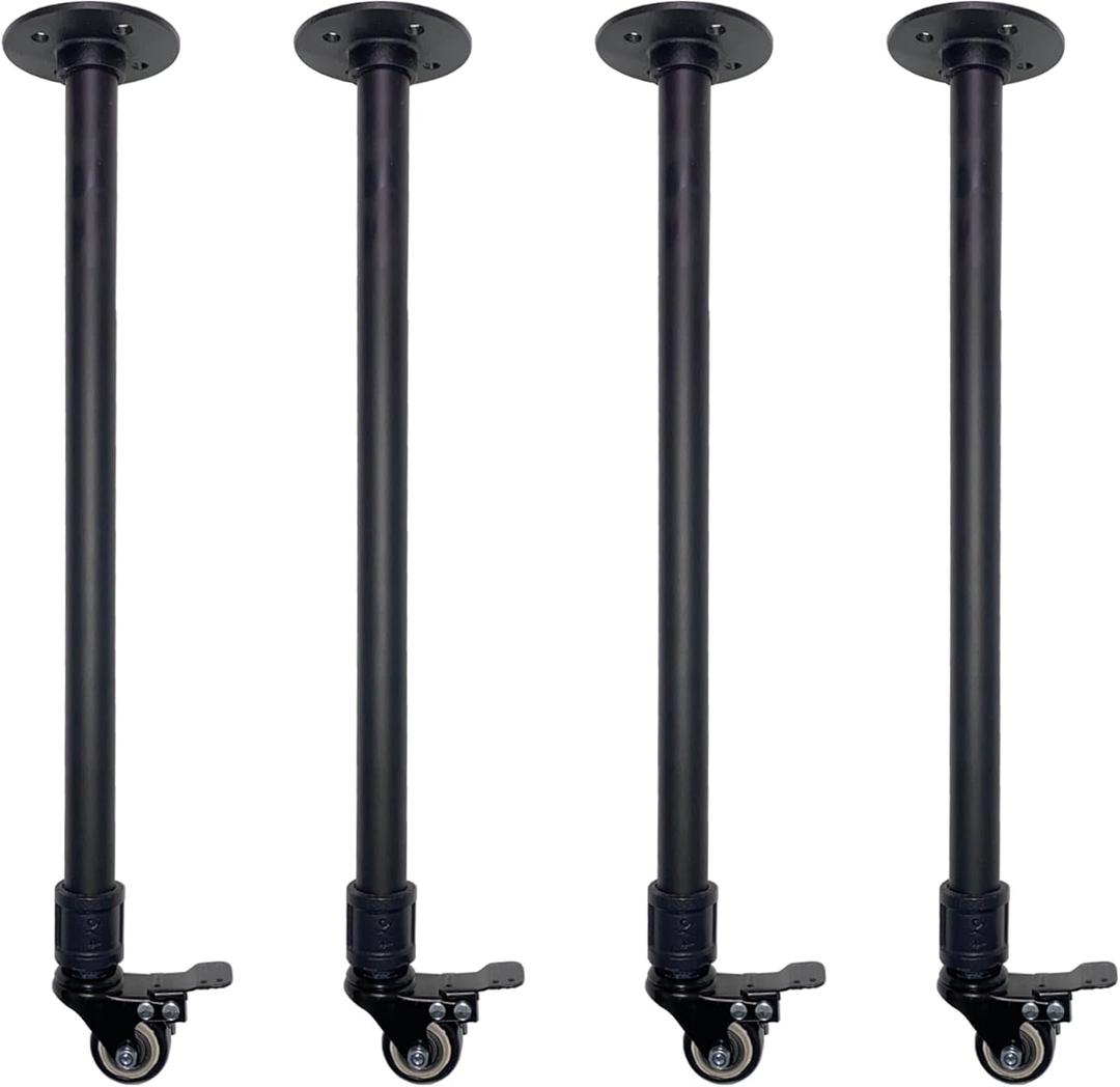 Industrial Pipe Table Leg Set with Casters, Black Metal Legs for Coffee, End Tables & Desks, Rustic Iron Vintage Legs,Set of 4(H20)