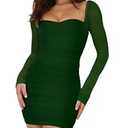 Oumrdeo Women’s Cocktail Dress Elegant Puff Sleeve Ruched Bodycon Club Party Short Dress Green S