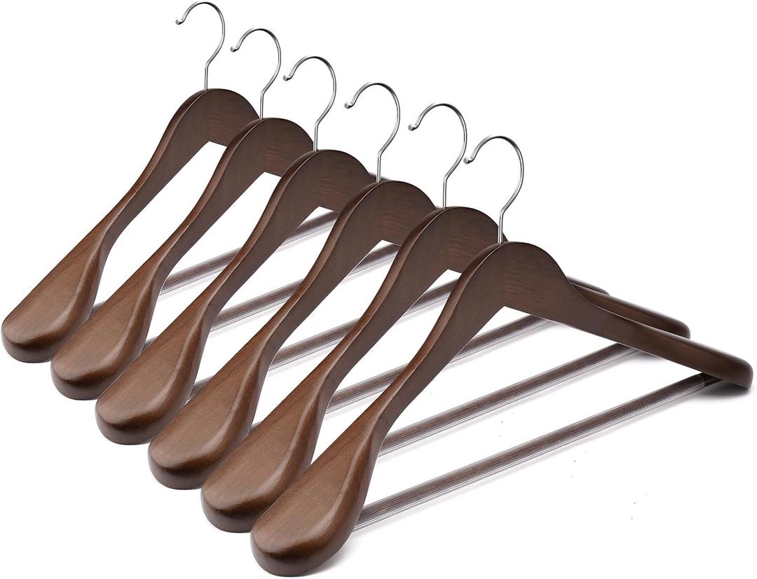 Suit Hangers 6 Pack Wooden Coat Hangers,Wide Shoulder Hangers with Non Slip Pants Holder,Heavy Duty Clothes Hangers,Suit Hangers for Men,for Women,for Suit,Coat,Jacket,Pants (Walnut